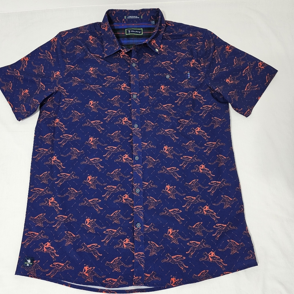 William Murray Golf Men’s Large Navy Orange Golfer Print Button-Up Stretch Shirt